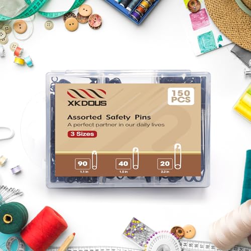 image for XKDOUS Safety Pins - 150 Pcs Assorted Sizes Black Pins Bulk - Small & 