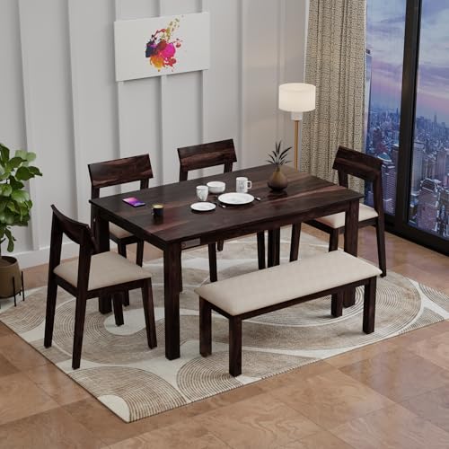 Image of DRIFTINGWOOD Liana 6-Seater Dining Table Set - Sheesham Wood Walnut Finish with Table, 4 Cushioned Chairs & Bench - Ideal for Kitchen & Living Room - Assembly Required