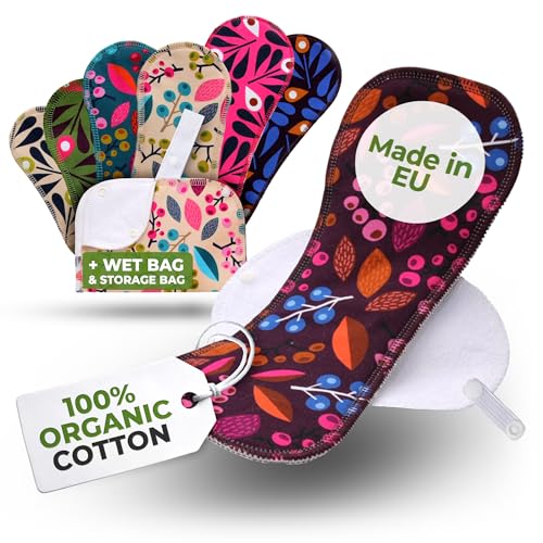 Compresas reutilizables en algodón orgánico para flujo menstrual ligero y abundante (S+M+L+XL, 7 uds); lavables a alta T°, HECHAS EN LA UE; suaves, no irritantes y cómodas, compresas tela para mujeres