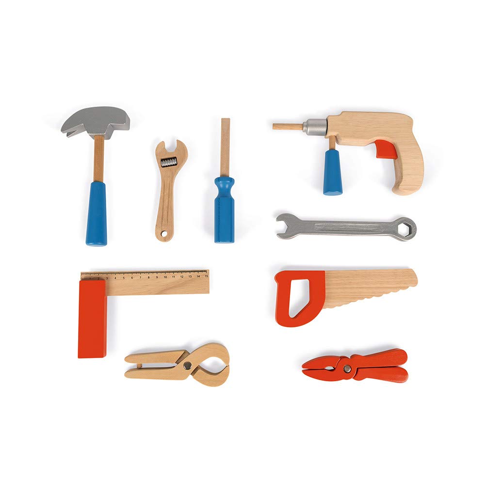 Janod - Brico'Kids Toolbox - Wooden Diy Tools for Kids - Imitation Toy - 9 Accessories Included - from 3 Years Old, J06481