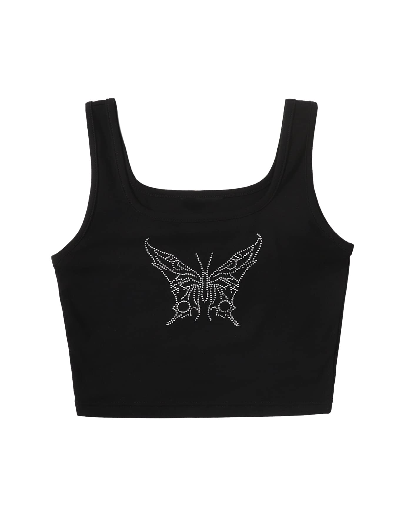 VerdusaWomen's Square Neck Sleeveless Rhinestone Butterfly Tank Crop Top