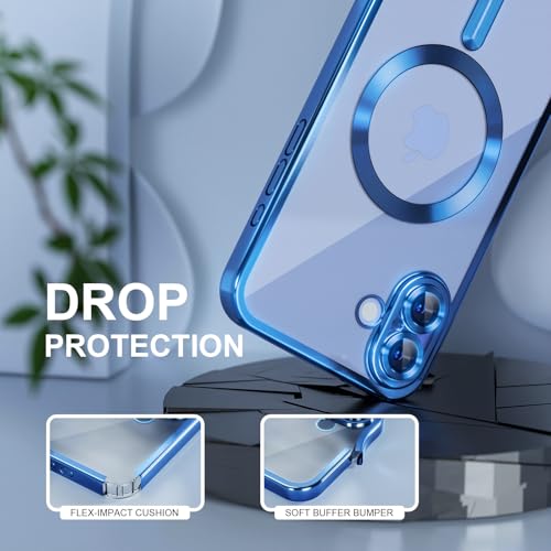 Image of Misea Magnetic for iPhone 16 Plus Case Compatible with MagSafe | [Never Yellowing] [Military Drop Protection] Full Camera Lens Protector Plating Soft Clear Phone Case for Women, Deep Blue