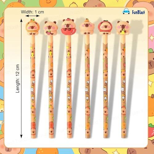 Image of FunBlast Capybara Pencils with Cute Erasers on Top - Pack of 6 Cartoon Pencil for Kid with 3D Kawaii Topper, Writing Drawing Tools for Kids, Birthday Return Gift for Kids (B)