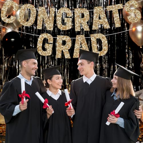 Image of Gold Congrats Grad Banner Garland,Glitter Graduation Party Banner, Gold Grad Congrats Class of 2026 Party Decorations for College High School Graduation Party Supplies (Congrats Grad Letter)
