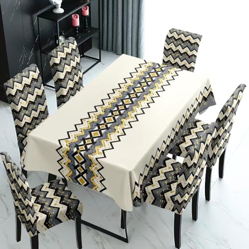 Image of Styleys Dining Table Cover 6 Seater Waterproof with Chair Covers | Table Cover Cloth | Dining Table Cover Clothe Combo - 1 Table Cover + 6 Chair Cover, Chevron Pattern, XKFSZB-23
