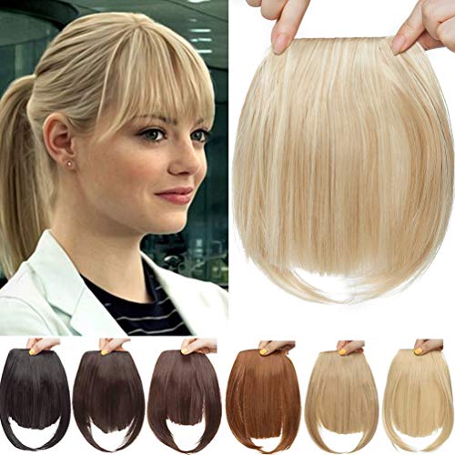 Flequillo Postizo Clip en Extensiones de Cabello 1 Pieza 2 Clips Liso Recto Sintético Se Ve Natural Fringe Bangs Rubio natural mezcla Bleach Blonde