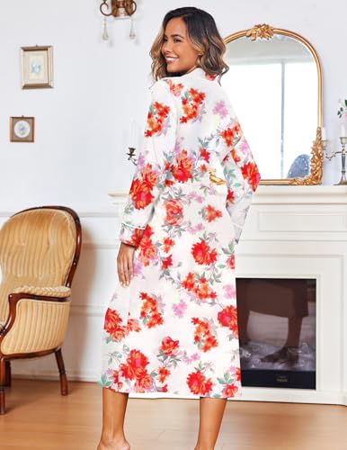 Image of Ekouaer Women Kimono Robes Full Length Knit Bathrobe Lightweight Soft Sleepwear V-neck Casual Ladies Loungewear S-XXL