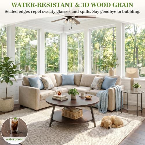 Image of Armocity 29.5 inch Round Wood Coffee Table with 2-Tier Storage, 1 inch Thick Top