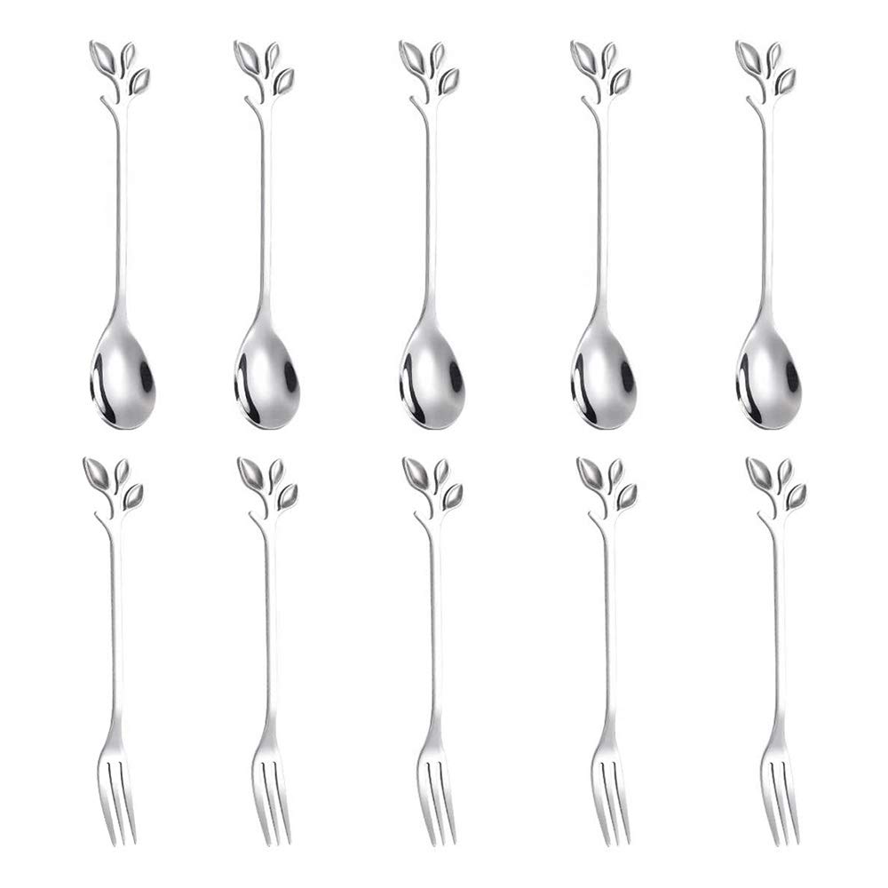 CTRLZS 5Spoon+5Forks Stainless Steel Leaf Coffee Cake Spoon Fork Dessert Spoons, Stirring Teaspoon Set Silver