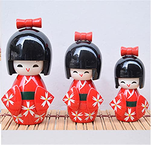 こけし 人形 木製着物 おみやげ 民芸品 手作り 日本のお土産 3点セット 大中小 (12CM 10CM 9CM) (レッド)