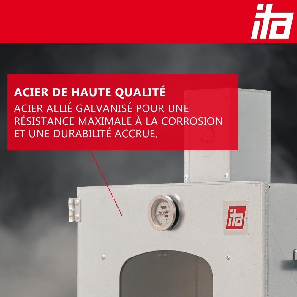 ITA Fumoir 7012 - Kit fumoir avec élément chauffant et copeaux de fumage - Armoire à fumage à 3 étages - Acier allié, avec fenêtre de visualisation et conduit de cheminée - Qualité fabriquée en UE