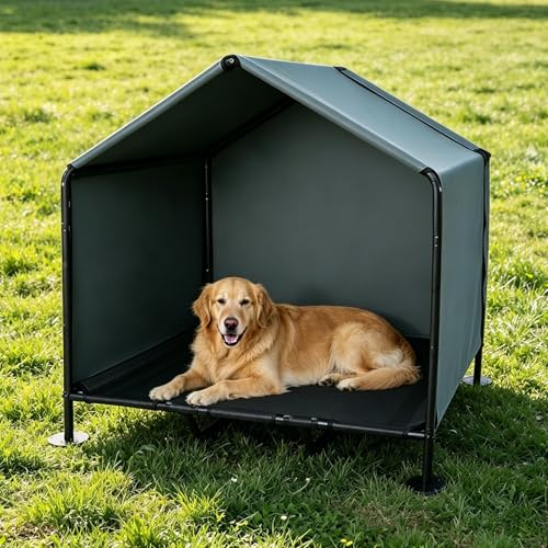 Hundehütte Outdoor mit Hundebett 100 x 87 x 106 cm Sonnengeschützte Hundehütte für Kleine bis Große Hunde und Katzen Wasserdichtes Hundezelt mit Abnehmbarer Tür für Camping Garten Dunkelgrau