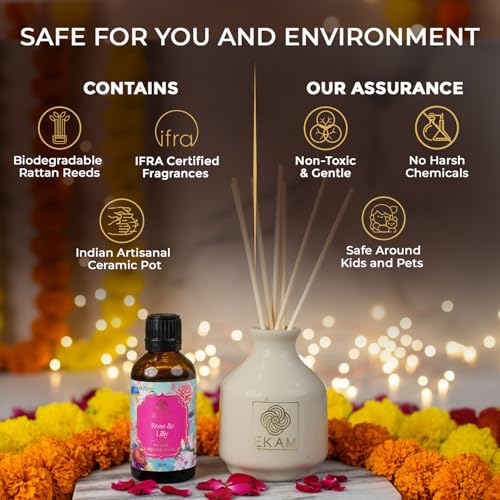 Image of EKAM Reed Diffuser Set 50ml | Rose & Lily Aroma Diffuser with 8 Reed Sticks | Long-Lasting, Smoke-Free Room Freshener | Stress Relief & Aromatherapy | Ideal for Festivals, Home Decor,Office & Gifting