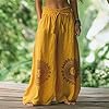 EMUKFD Ladies Cotton Trousers Breathable Linen Wide Leg Elasticated Waist Bohemian Lounge Joggers Lightweight Baggy Holiday Palazzo Pants Retro Printed Floaty Trouser Womens Culottes Yellow #2