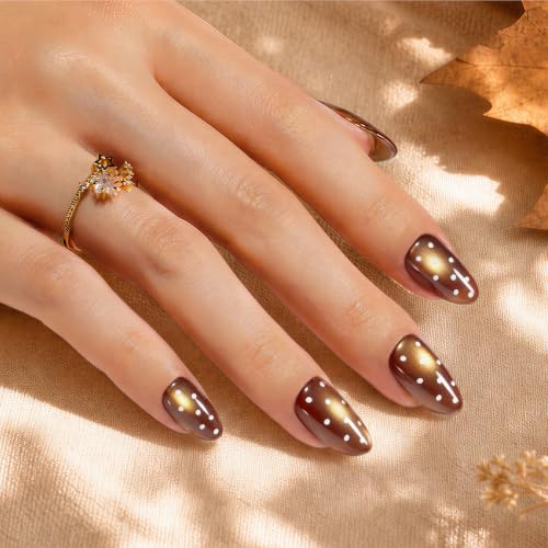Image of Beetles Brown Cat Eye Press On Nails Short Almond, 32PCS, Polka Dot Design | 16 Sizes, Glue and Adhesive Tabs Included, Fall Maple-Brown Cat Eye Glow, Ready to Press and Go, All-in-One Complete Kit