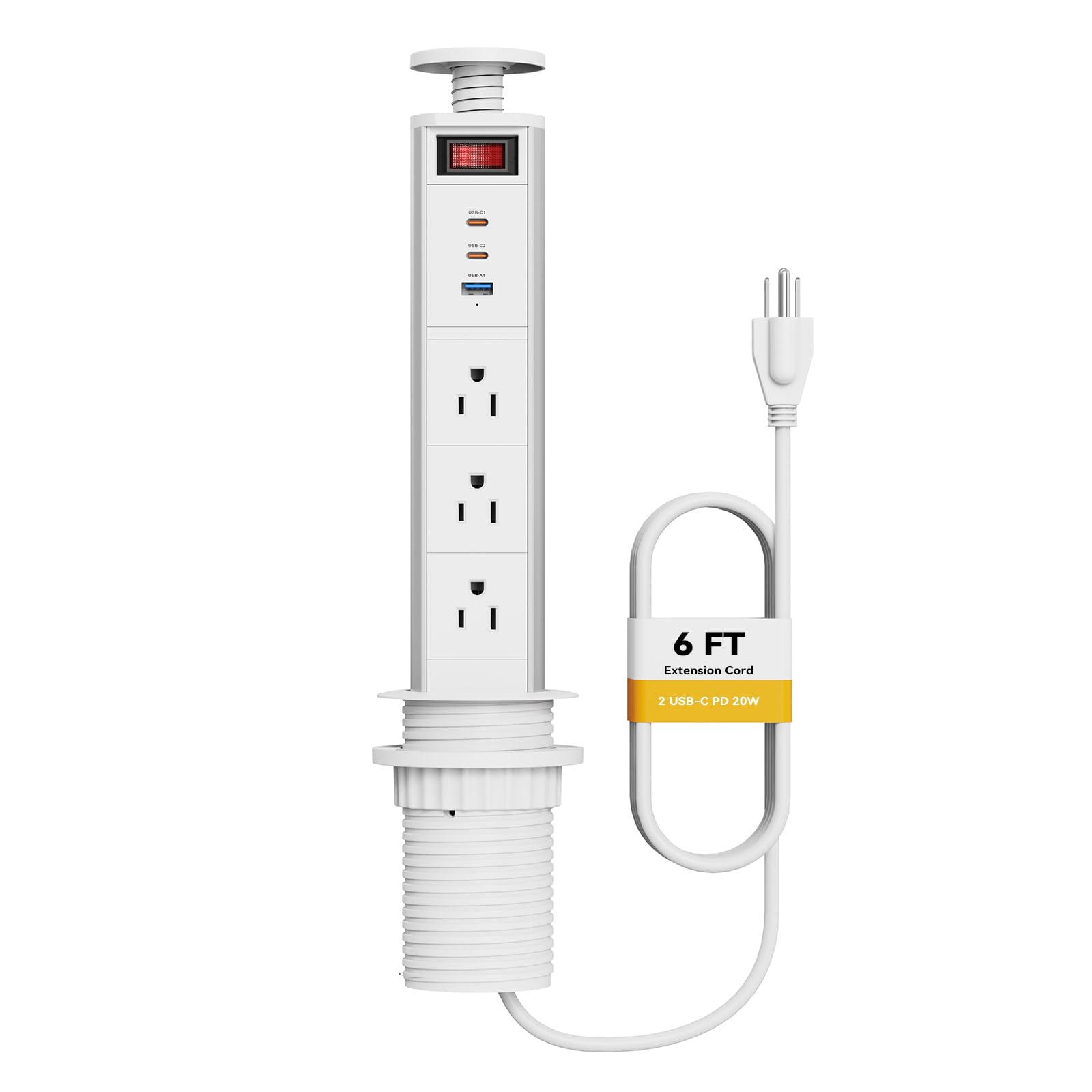 Kungfuking Pop Up Outlet for Countertop with Switch, 3 AC Outlets, 2 USB-C 20W