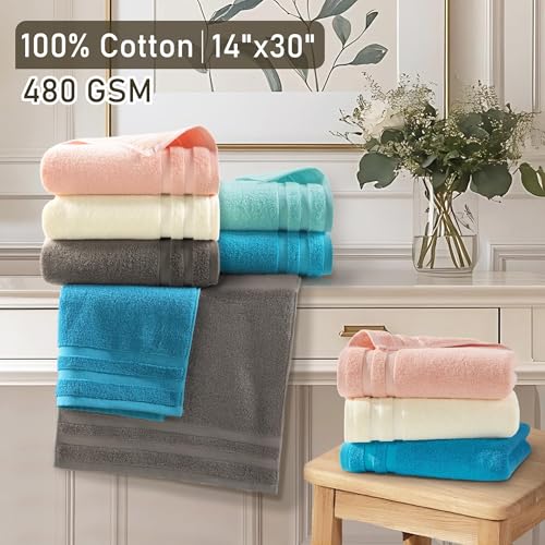 Image of VOOVA & MOVAS Pink Hand Towels Set of 4, 14 inchx30 inch - 100% Cotton | Light Weight | Thick 480GSM | Soft | Absorption, Guest Hand Towel Sets for Bathroom & Kitchen, Coral Pink Bathroom Decor