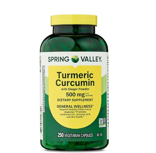 Spring Valley Turmeric Curcumin 500mg, with Ginger Powder General Wellness, Dietary Supplement, Vegetarian Capsules, 500 mg, 250 Count