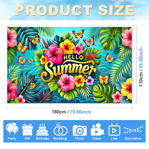 Image of HOMETITUTE Hello Summer Banner 71 x 43 inch Summer Hawaiian Party Decorations Flower Butterfly Summer Outdoor Decorations Supplies Backdrop Tropical Beach Hawaiian Party Themed Photo Booth Props