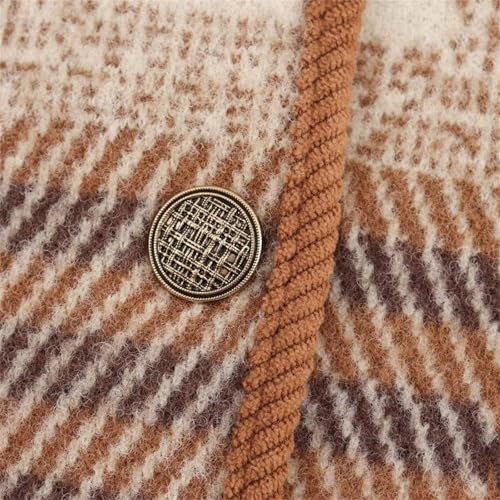 HOULENGS Women's Vintage Long Sleeve Plaid Print Cardigan Sweater Button Down Lapel Knit Sweater Coat with Pockets3