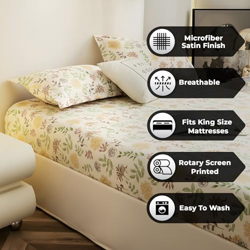 Image of Story@Home 210 TC Cloud Cotton Elastic Fitted Size : 72 x 78 Inch Printed King Size Double bedsheet with 2 pilow Covers Fits Upto 10 Inch, (White, Yellow)