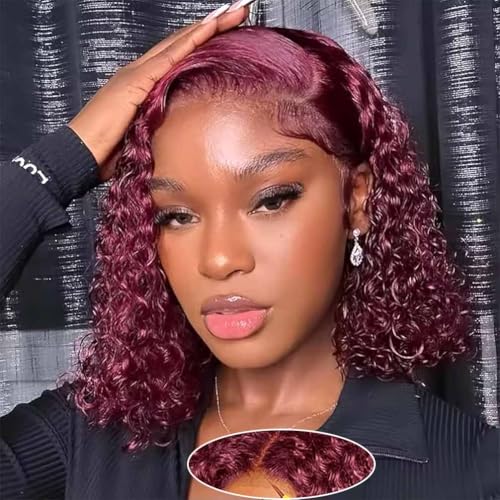 Image of Srakuw Wear and Go Glueless Wigs Human Hair Pre Plucked Pre Cut 99j Burgundy Lace Front Wigs for Black Women 180 Density Water Wave Bob Wig Colored Human Hair Curly Wig (99j Burgundy Color, 12 Inch)