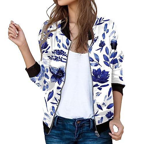 Veste Blouson Mi Saison Femme, Blouson Bombers Femme Fleuri À Manches Longues Blouson Chic Et Élégant Zippée Décontracté Sportswear Imprimé Floral Jacket Baseball...