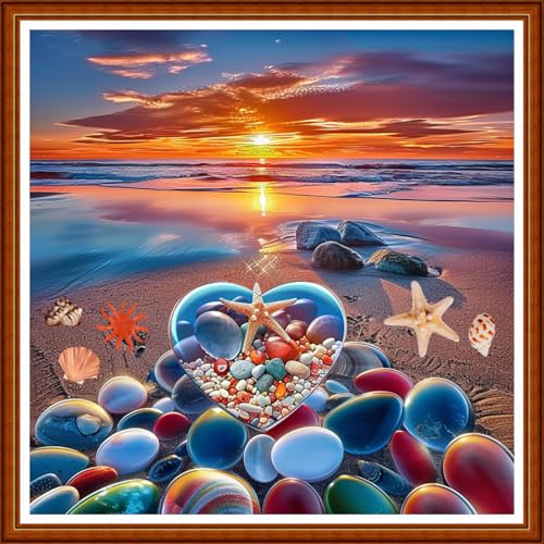 Image of Joyhoor Stamped Cross Stitch Kits for Beginners Needlepoint Kits for Adults Embroidery Kits 11CT Counted Cross Stitch Kits Printed Embroidery Pattern-Beach Love 18x18 inchs