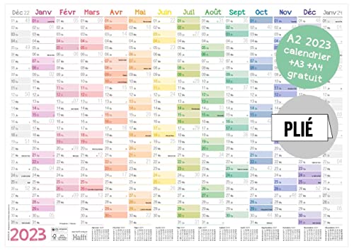 Calendrier mural 2023 A2 de papier (59 x 42 cm) plié en français pour 14 mois déc 2022 - Jan 2024 | Planificateur mural+vue d'ensemble de vacances et de vacances + calendrier A3 et A4 supplémentaire
