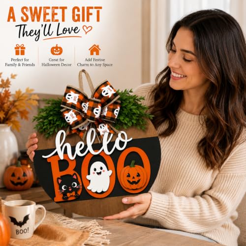 Image of Cute Halloween Ghost Wreath Hanger Sign Decorations for Front Door Wreaths (Cute Halloween Ghost)
