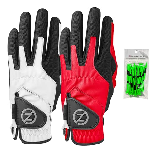 Zero Friction Men's Compression-Fit Synthetic Golf Glove (2 Pack), Left Hand, White/Red,One Size
