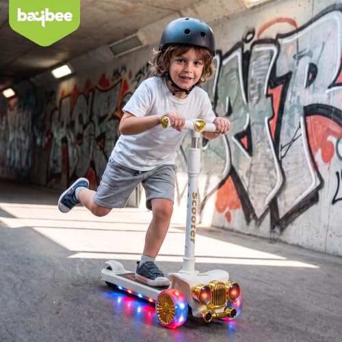 Image of Baybee Twirlo Baby Kick Scooters for Kids with 3 Height Adjustment | Foldable Skating Scooter with Foot Brake | Kids Scooter with RGB Lights & Music | Runner Scooters for Kid 2-10 Years (White)