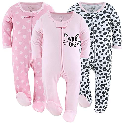 Image of The Peanutshell Footed Baby Sleepers for Girls, Cheetah & Pink Hearts, Newborn to 12 Month Sizes