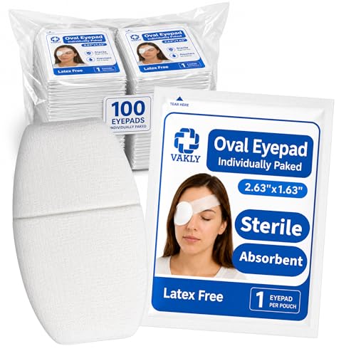 Vakly 100 Sterile Oval Eye Pads - Soft Absorbent 2 5/8 x 1 5/8 Eye Shaped Medical Gauze Pad with Thick Protective Filler Individually Wrapped - Shaped for Comfort Compressed Edges to Reduce Lint
