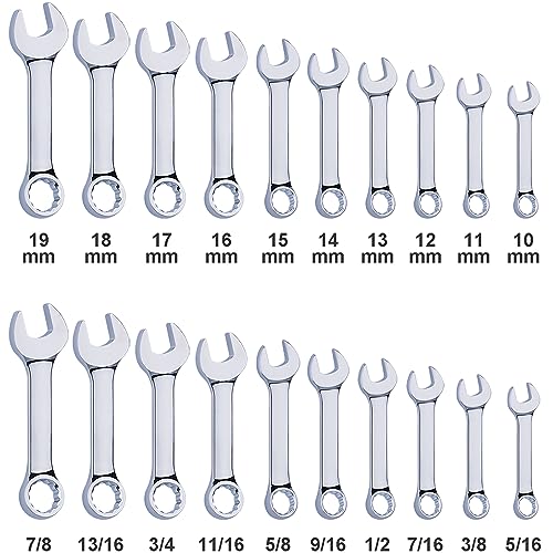 Efficere WR-072 20-Piece Metric And Sae Premium Stubby Combination Wrench Set With Storage Rack | Metric 10Mm To 19Mm, Sae 5/16 Inch To 7/8", No Skipped Size | Cr-V Steel, Mirror Chrome Finish thumb #2