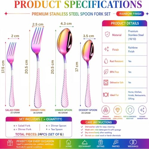 Image of Classic Rainbow 24 Pcs Stainless Steel Cutlery Set for Dining Table, Dishwasher Safe Glossy Flatware (Perfect Spoon Fork Set)