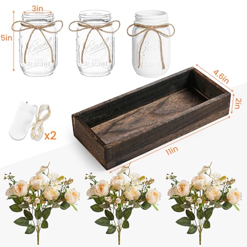 3 Pcs Mason Jar Centerpiece Table Decorations for Dining Table Decor Farmhouse Coffee Table Decor with Wood Tray and Led Light Table Centerpieces for Dining room Kitchen Living Bathroom,White - Image 8