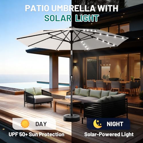 Image of AreShark 9FT Patio Umbrella with Solar Lights, 32 Lighted Pool Umbrella w /Tilt and Crank, Outdoor Market Solar Umbrellas for Garden, Deck, Backyard, Pool and Beach, Cream-White