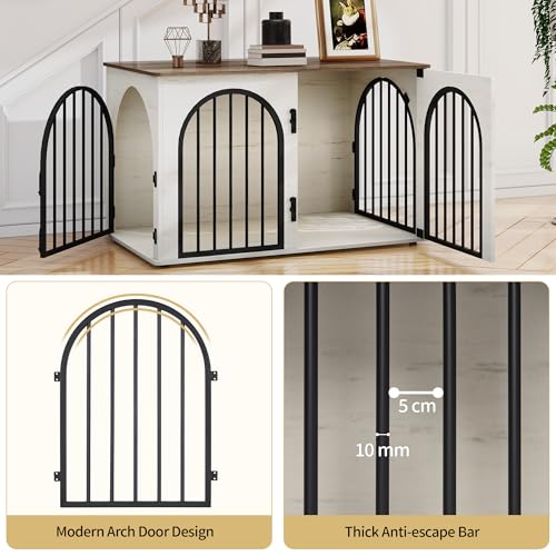 Hzuaneri Hundekäfig Möbel, 100cm Hundebox für Zuhause, 3 Türen, Bogentür, Moderne Hundebox Indoor für Hunde, Beistelltisch, Hundekäfig Hochbelastbar, 100 x 60 x 63 cm, Weiß Braun DFC84114B
