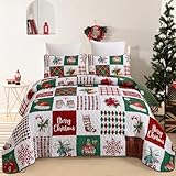 Mybedsoul Christmas Quilt Set King Size 3 Pieces Christmas Patchwork Snowflake Wreaths Pine Holiday Bedding Sets Red Vanilla Grid Coverlet Bedspread Coverlet with 2 Pillowcases for All Season