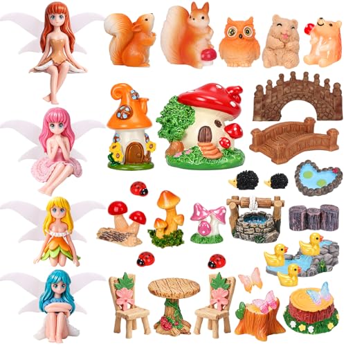 QAUYETM 40Pcs Fairy Garden Accessories Miniature Garden Ornaments Kit with Mini Animal Plant Fairies Furniture House Figures Bulk for Micro Landscape DIY Terrarium Potted Plants Dollhouse Decor