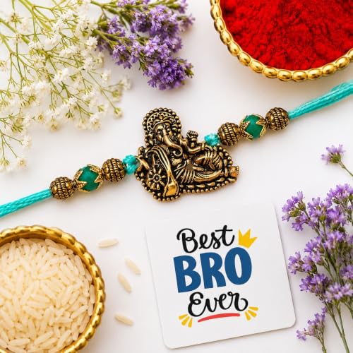Image of eCraftIndia Golden Lord Ganesha Designer Rakhi for Brother With Gift Combo Set | Raksha Bandhan Rakhi for Bhai Bhaiya | Best Bro Ever Fridge Magnet | Roli Chawal Pack
