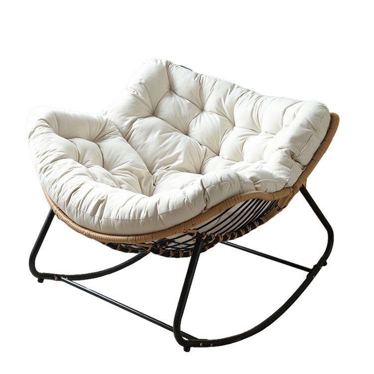 Fauteuil à bascule relax lounge bohème avec coussin gris et structure métal balcon terrasse