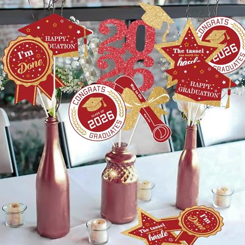 Image of Graduation Decorations for Class of 2026-60pcs Glitter Red Gold Graduation Table Centerpieces Sticks with LED String Lights for College High School 2026 Graduation Party Favors Supplies