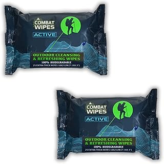 Combat Wipes ACTIVE Outdoor Wet Wipes - Extra Thick Camping Gear, Biodegradable, Body & Hand Cleansing/Refreshing Cloths for Backpacking & Gym w/Natural Aloe & Vitamin E(2 pack, 25 wipes each)