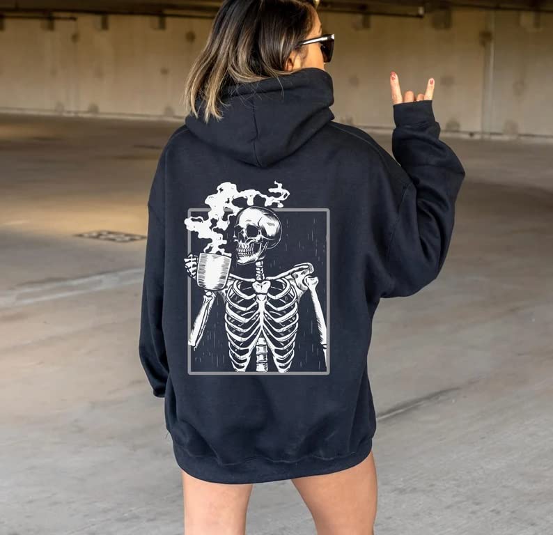 Image of Hot Coffee Skeleton Hoodie, Skeleton Drinking Coffee Hoodie, Skeleton Hoodie, Skeletons Halloween Hoodie, Skull Hoodie, Halloween Hoodie