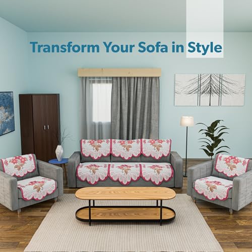 Image of Kuber Industries (Set of 10) Stylish & Durable Cotton Sofa Covers 5 Seater | Washable Sofa Protector /Mat & Slipcover for Hall, Living Room & Office | Painting Design-White & Pink