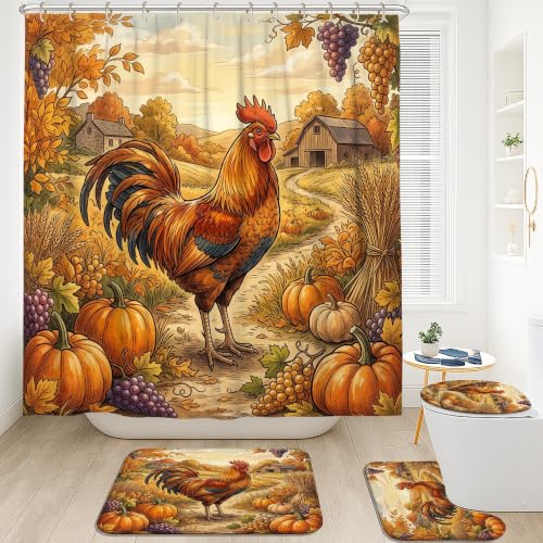 Rideau de douche rustique orange avec tapis de bain déco automne