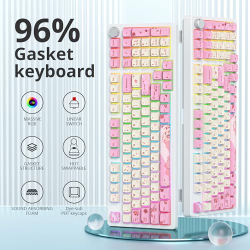 Image of surmen Pink Creamy Keyboard with with Number Pad, 96% RGB Full Gasket Mounted Hot Swappable Custom Wired Thocky Keyboard with Knob for Office Gamer (98 Ying)