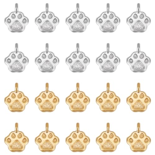 UNICRAFTALE 20Pcs 2 Colors 304 Stainless Steel Charms Animal Cat Dog Paw Chunk Charms Paw Print Charm Golden Animal Footprint Jewelry Finding Pendant for Jewelry Making